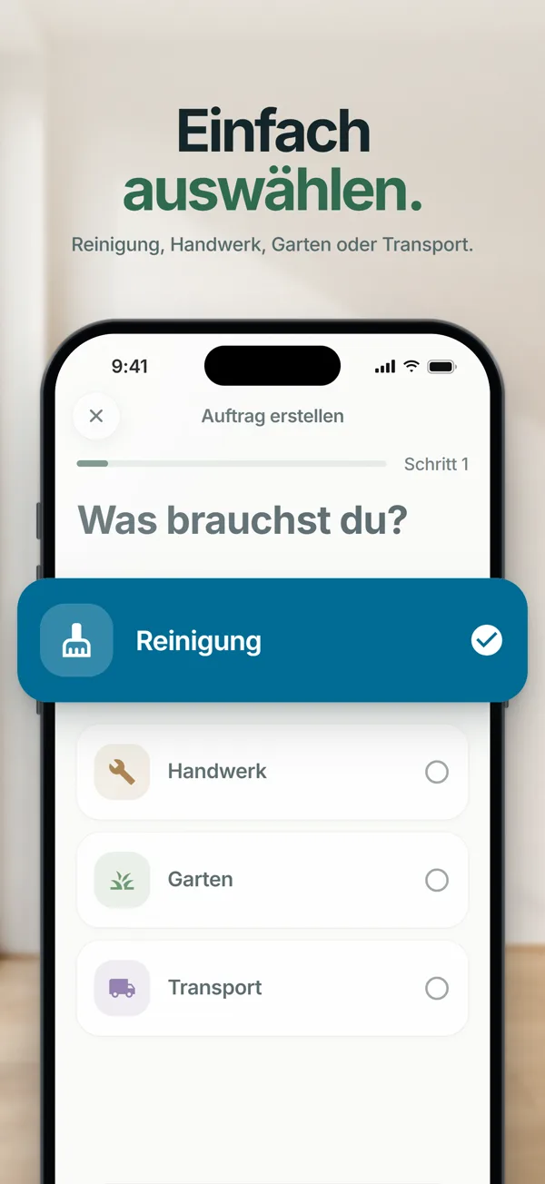 App screen: choose between cleaning, trades, garden and moving